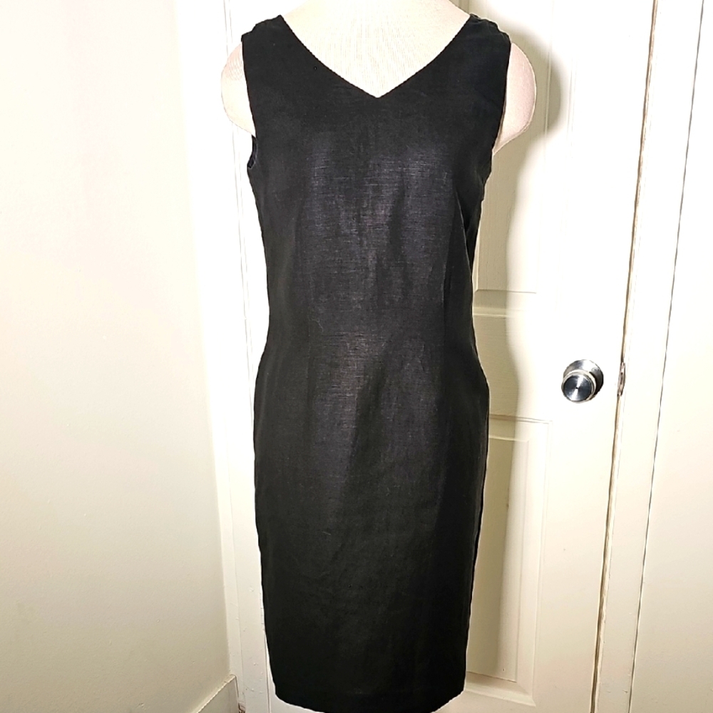 Kadper‎ Black Sheath Midi Dress V-Neck Sleeveless. Linen/rayon. Rear Zipper Sz 4